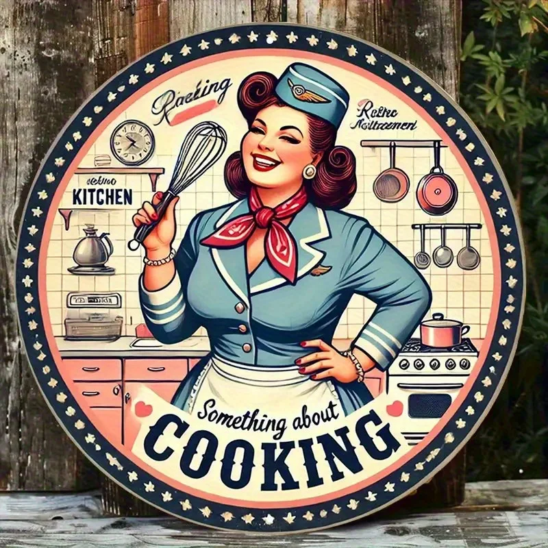 1 Stück Vintage-Retro-Küchendekoration – Mid-Century Modern Kellnerin und kulinarische Motive – langlebiges Wandkunstschild aus Aluminium und Metall – 8 x 8 I