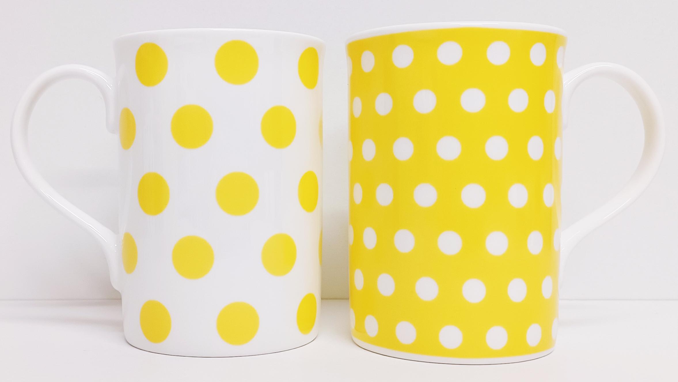 Set di 2 tazze con pois e macchie gialle in fine bone china da 300 ml, tazze Windsor a pois, decorate a mano nel Regno Unito