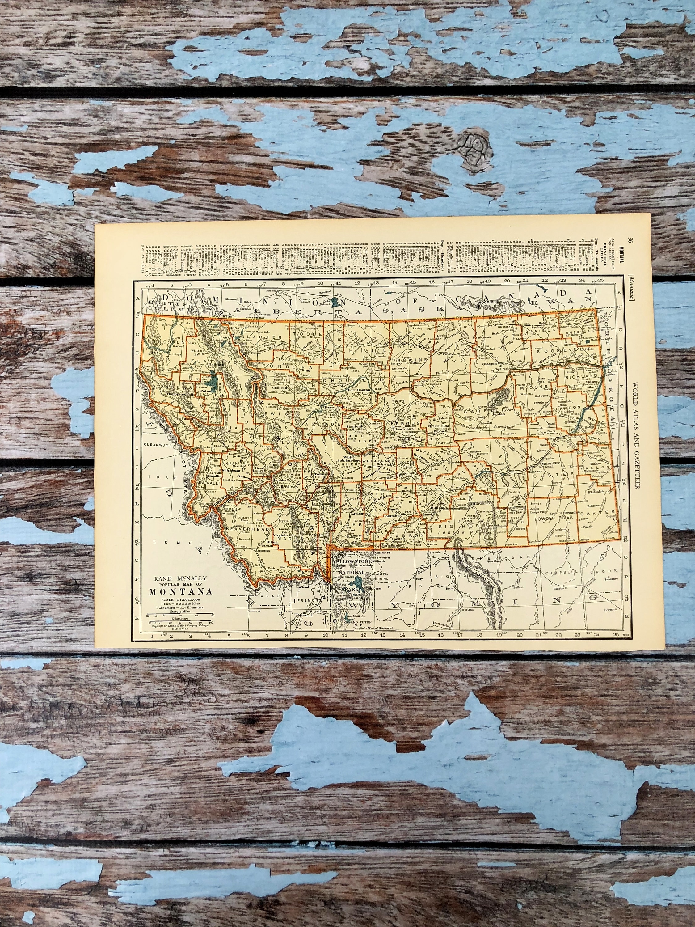 Mappa antica del Montana del 1937. Vecchia mappa dello stato del Montana. Stampa storica, litografia da incorniciare. Bellissima mappa degli Stati Uni