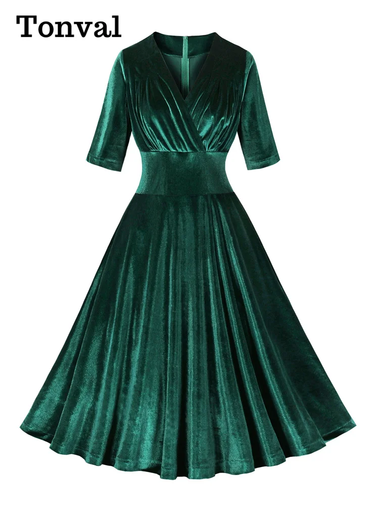 Tonval geraffte V-Ausschnitt grün Samt elegante Party kleider für Frauen Winter halbe Ärmel hohe Taille Vintage Weihnachten Swing Kleid