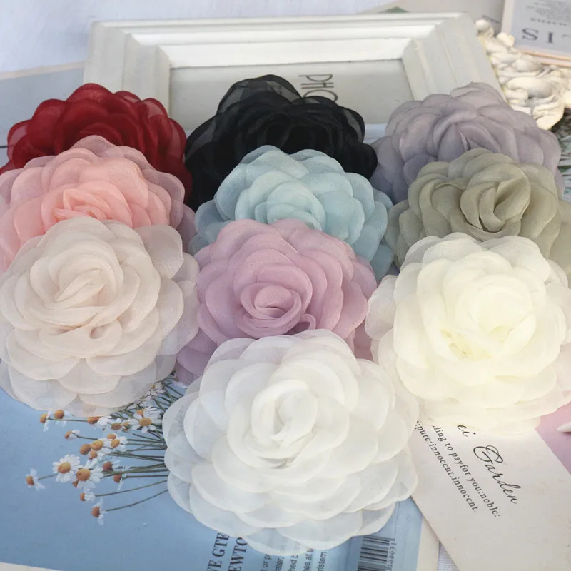 10PCS 8CM 3D Organza Chiffon Gaze Verbrannt Rand Stoff Künstliche Rose Blume Hochzeit Kleid Hals Dekoration DIY Nähen applique Image