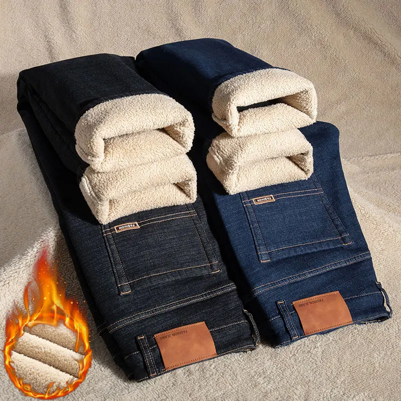 Plus Größe 44 46, Casual Sherpa Warme Jeans Männer Winter Samt Dicke Hose Lose Gerade Business Klassische Fleece Denim Hosen