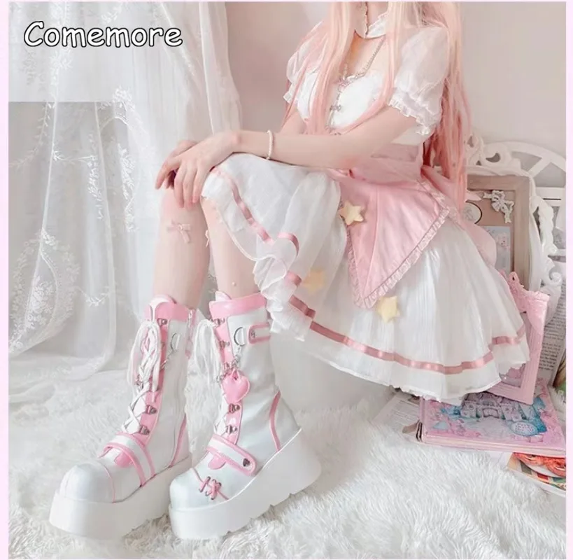 Comemore Schnürstiefel, niedliche Lolita-Plattform, Punk, Gothic, Rollenspiel, Party, süße coole Damenstiefel, Schuhe, 2025, modischer Keilabsatz, langer Stiefel
