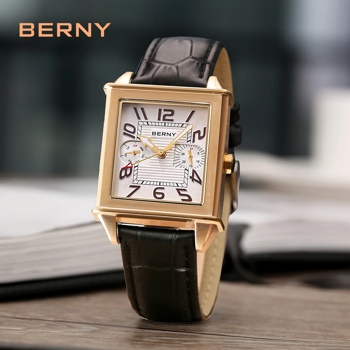 Berny Quarzuhr für Männer Luxus uhr männlich Vintage berny 6 p25 Tag Datum Leder 3atm wasserdichte goldene Tank quadratische Armbanduhr Image