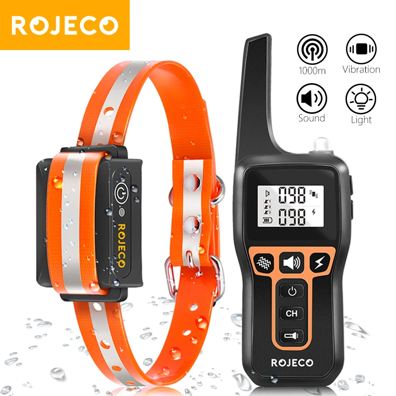 ROJECO 1000 m elektrisches Hundetrainingshalsband mit Fernbedienung, wasserdicht, wiederaufladbar, für Hunde, Rinde stoppen, Schockhalsband, Elektroschocker Image