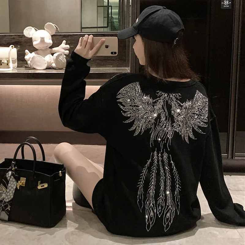 Weibliche Streetwear Sweatshirt Grunge Plain Gothic Emo Grafik Tops Strass Hippie Y2k Kleidung für Frauen Schwarz Pullover Herbst