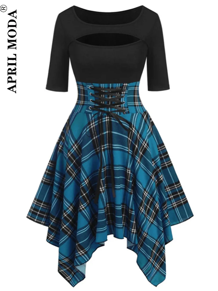 Unregelmäßiger Punk Gothic Plaid Print Party kleid Langarm schwarz Harajuku ästhetische Hip Hop Urlaub Atchwork Schnürung Mini kleider