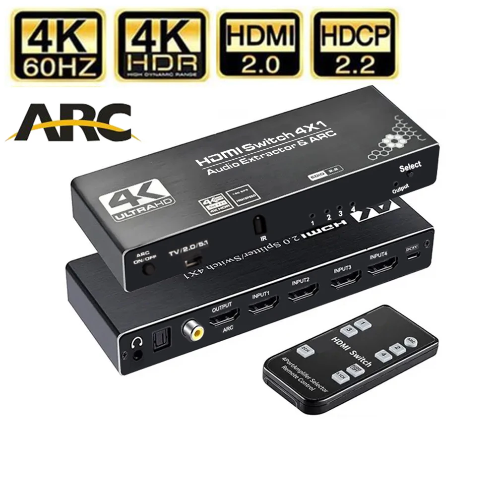 4K 60Hz HDMI-Switch mit Audio-Extraktor 4-IN-1 Out HDMI 2.0-Switch Audio-Extraktor-Splitter HDMI 4-in-1-Audio-Switch HDR HDCP Image