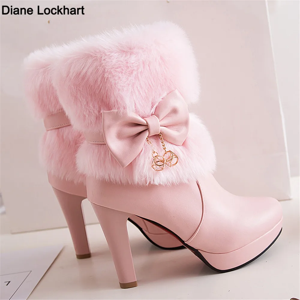 2025 Winter Damenmode High Heel Stiefel Rosa Weiß Schwarz Fell Quaste Bowtie Schöne Lolita Damen Party Hochzeit Schuhe Größe 32-43