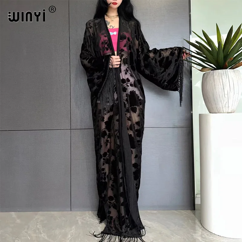 WINYI Naher Osten Mantel Muslimische Mode Kaftan Kimono Maxi Roben Streetwear Offene Abaya Perspektive elegantes Kleid Strand vertuschen Image