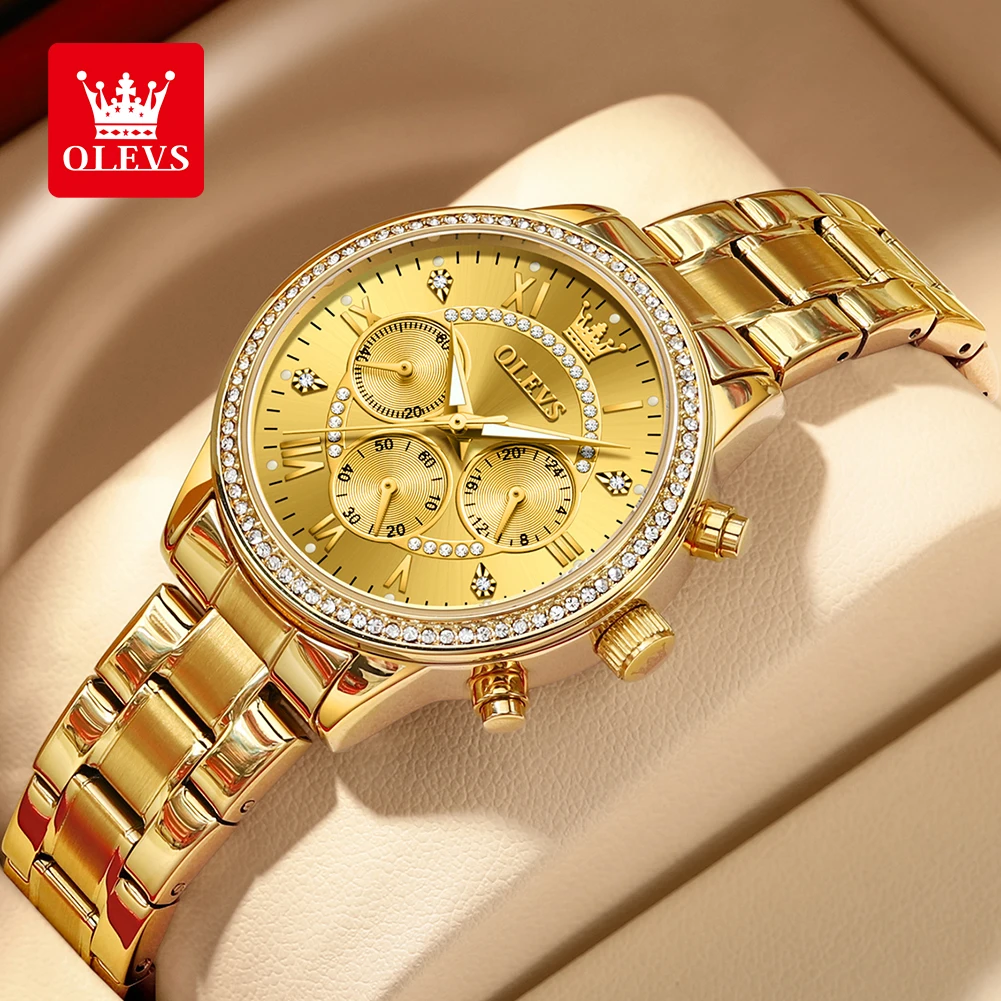 OLEVS Damen-Quarzuhr, luxuriöses Diamant-Zifferblatt, goldener Edelstahl, wasserdicht, klassische Uhr mit drei kleinen Zifferblättern für Damen, neu Image