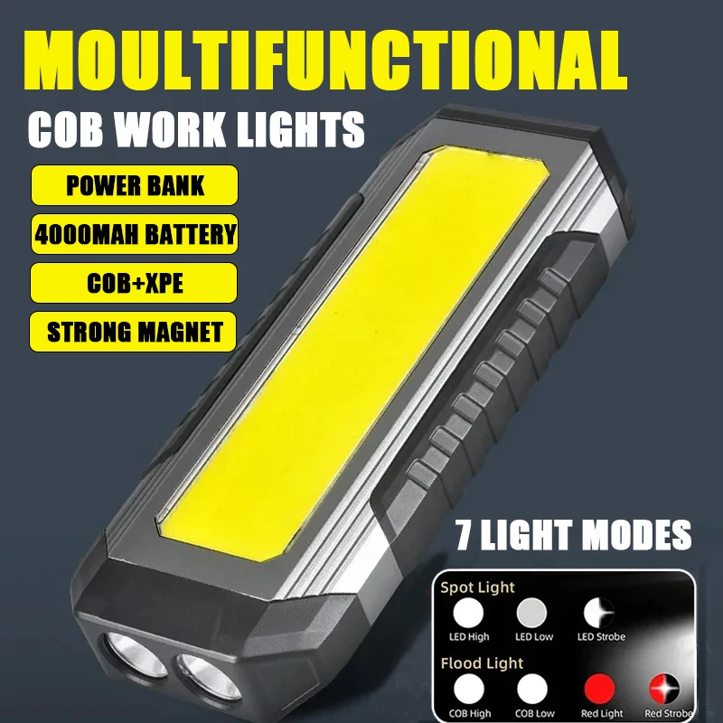 COB-Arbeitsleuchte, USB wiederaufladbar, LED-Taschenlampe, Power Bank 18650, tragbare Campinglampe mit Magnet, wasserdichte Laterne, 4000 mAh Image
