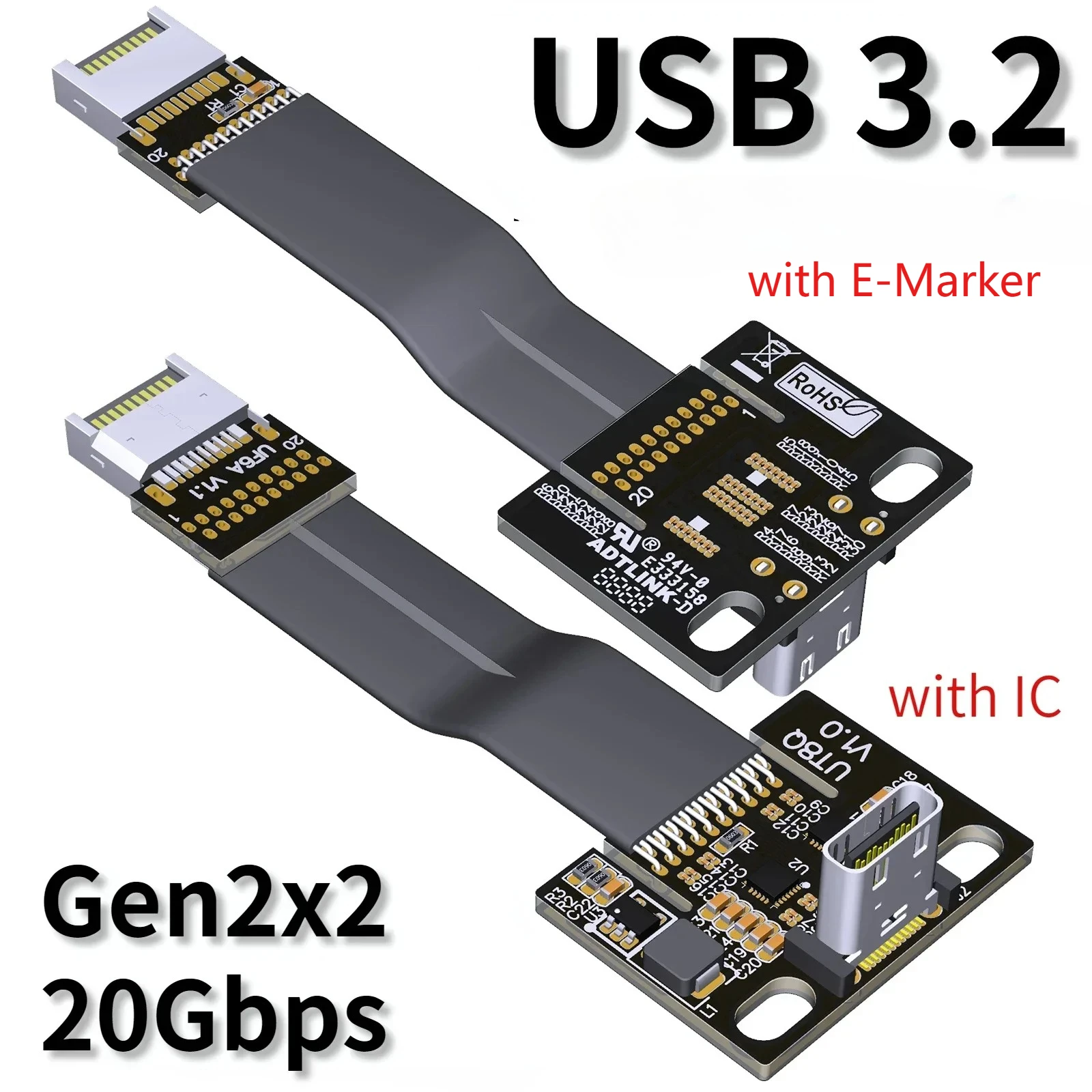 Geschirmt 20G USB 3,2 Gen 2 Typ C zu Typ E Männlich Weiblich 20P Flach Kabel w IC volle Geschwindigkeit für ITX/ATX Mainboard A4 PC Host Extender Image