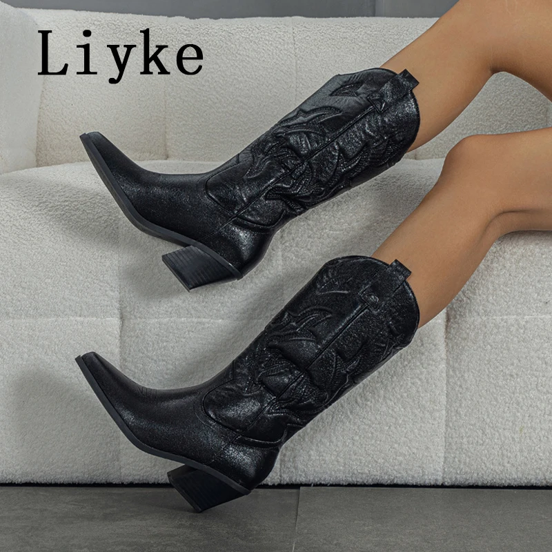 Liyke Big Size 42 43 Cowboys tiefel im westlichen Stil für Damen Mode Stickerei Leder Herbst Winter Low Heels lange Schuhe Stiefeletten