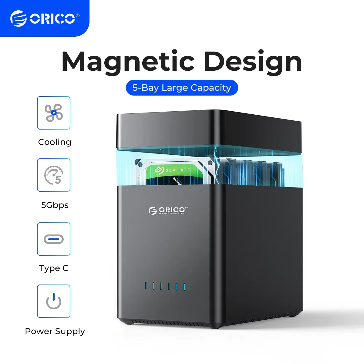 ORICO DS-Serie 5-Bay 3,5-Zoll-USB-Festplattengehäuse Magnetisches SATA-zu-USB3.0/Typ-C-Festplattengehäuse für Altcoins Mining Image