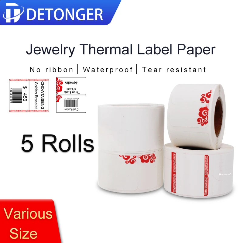 DETONGER Thermo-Schmucketikettenpapier, 5 Rollen, wasserfest, ölbeständig, kratzfest, Preisschild, kostenloses App-Vorlagen-Aufkleberpapier Image