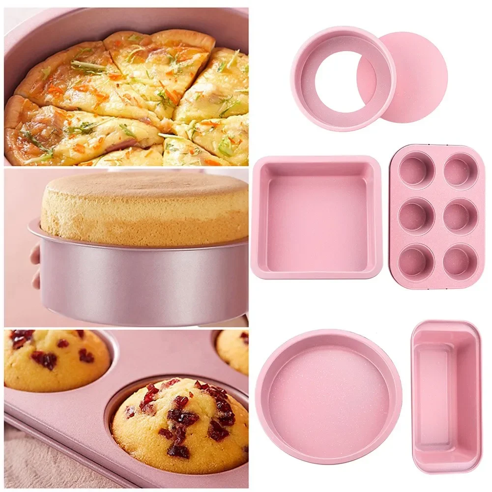 Rosa Antihaft-Backform-Set aus Kohlenstoffstahl, Backofen-Kuchenform, rund, quadratisch, rechteckig, für Pizza, Toast, Live-Boden, Küchenform Image