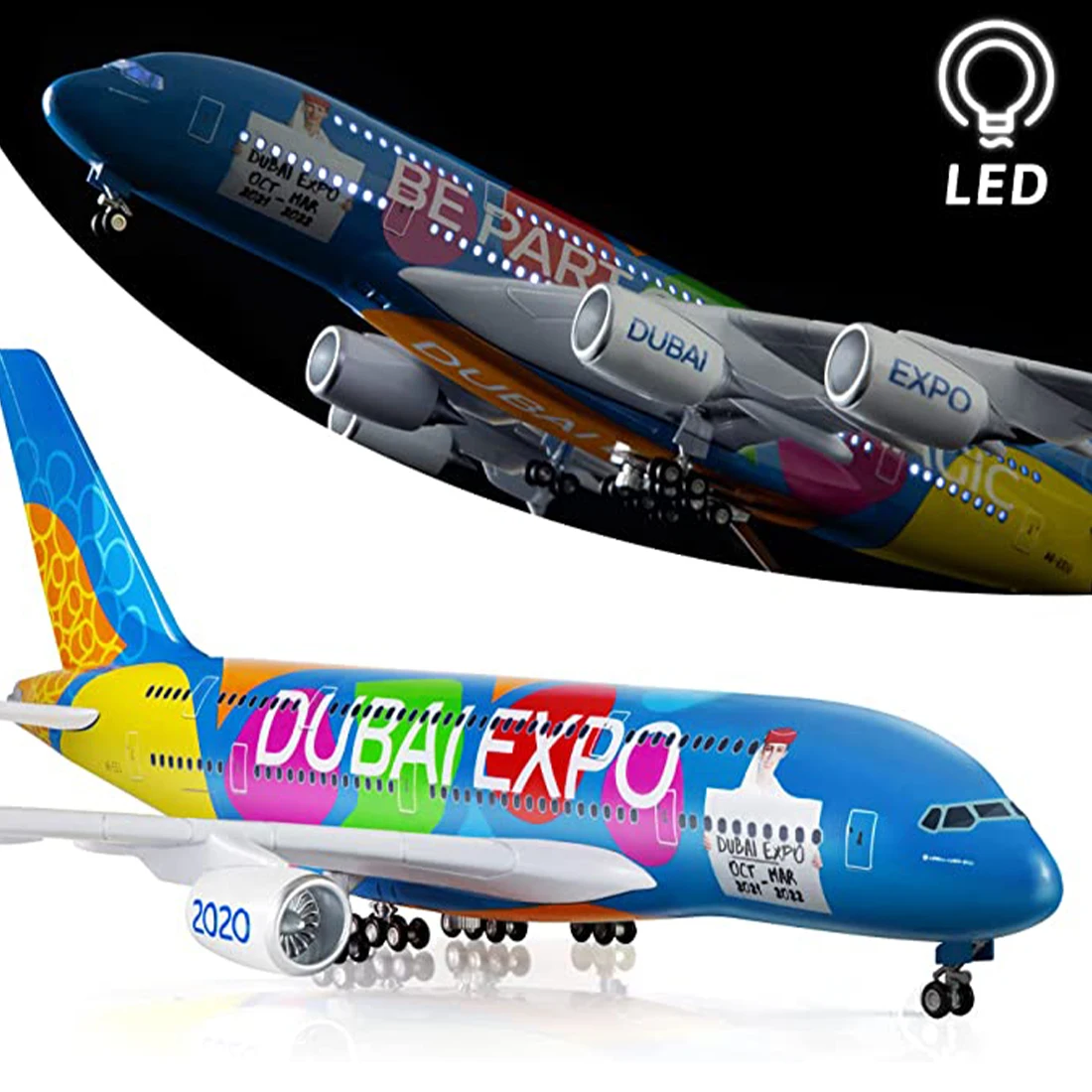 Großes Modellflugzeug im Maßstab 1:160, Airbus 380-Flugzeug, Emirate-Flugzeuge mit LED-Licht für Sammlung, Geschenk, Büro, Desktop-Dekoration Image