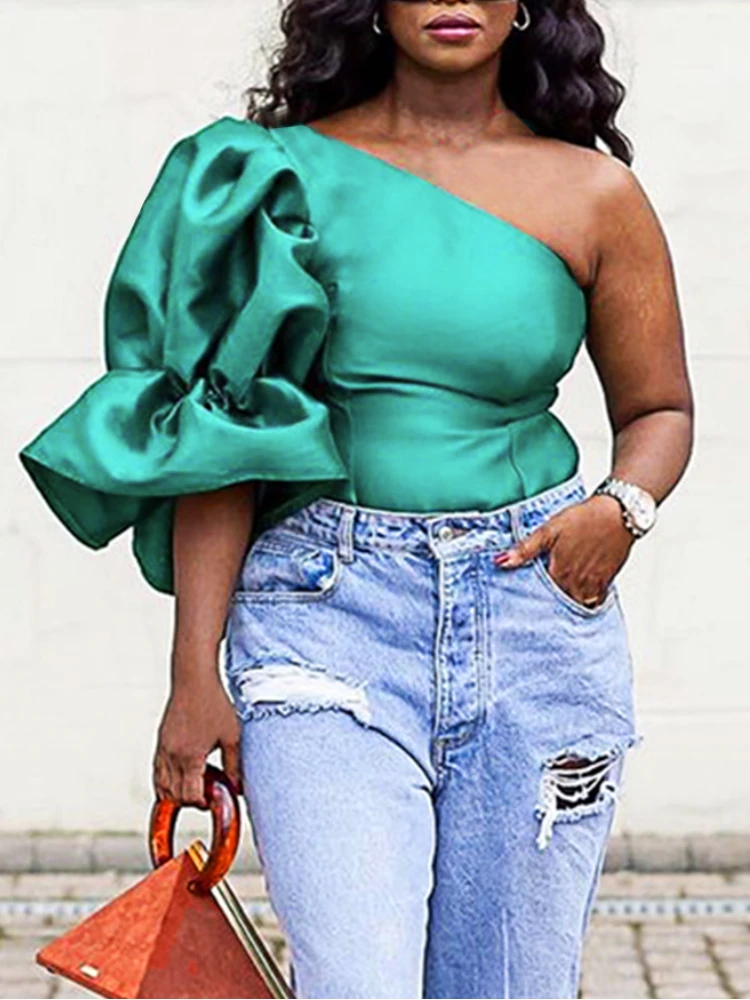 Frauen Bluse Eine Schulter Puff Ärmeln Sexy Elegante Tops Grün Große Größe Hemd 2023 Mode Party Weibliche Afrikanische Frühling Sommer