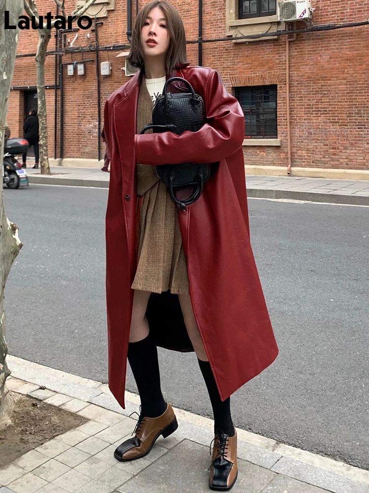 Lautaro-Wine Red Leder-Trenchcoat für Damen, langärmlig, Revers, locker, lässig, stilvoll, übergroß, koreanische Mode, Herbst Image