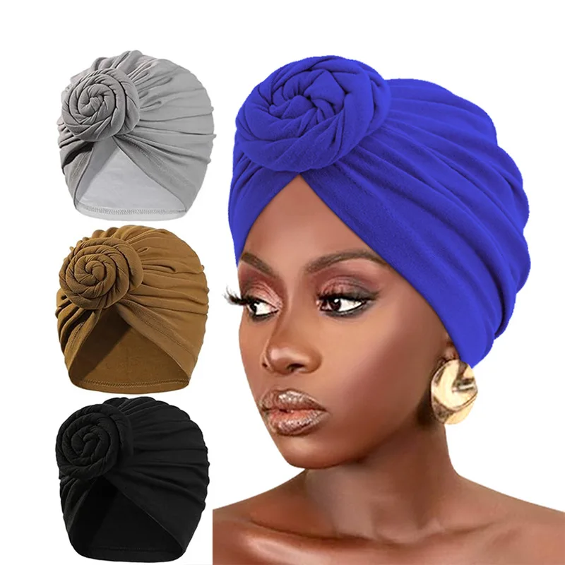 Neue Frauen baumwolle top geknotet turban hut motorhaube Hijab chemo kappe stirnbänder Weibliche Muslimischen Hut Kopf Abdeckung Nacht Kappe Haar Zubehör Image
