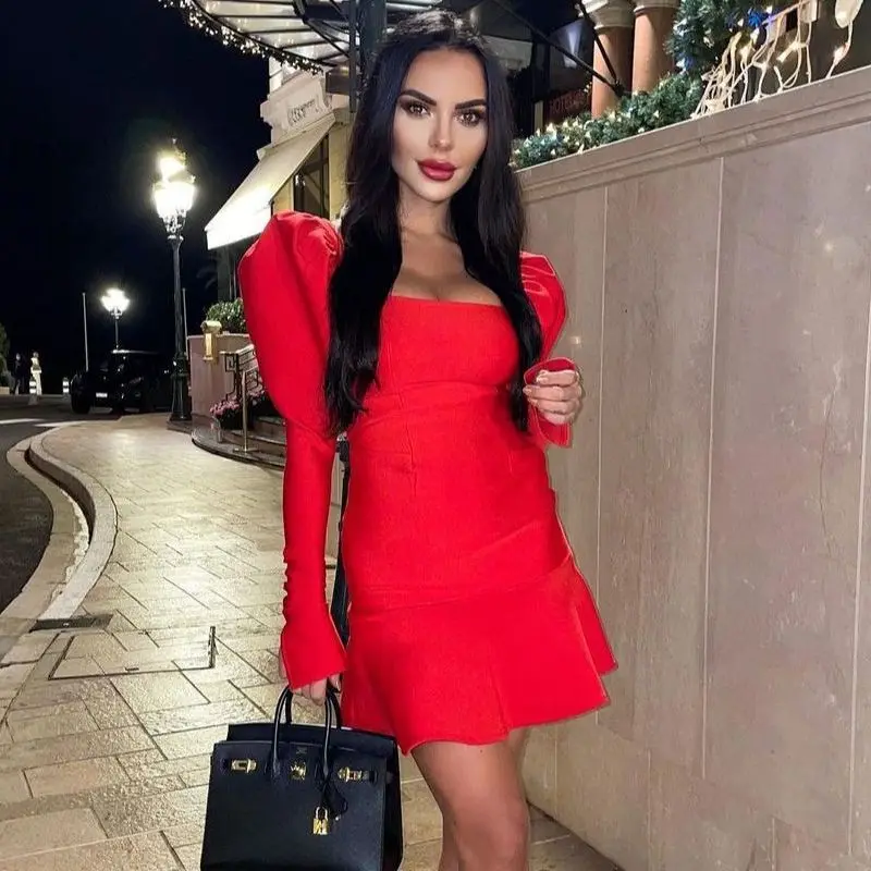 Damen-Verband-Kleid mit Puffärmeln, Rüschen, Party, sexy, elegant, figurbetont, 2022, Sommer, Mini, Rot, Schwarz, Club, Promi-Abendkleider
