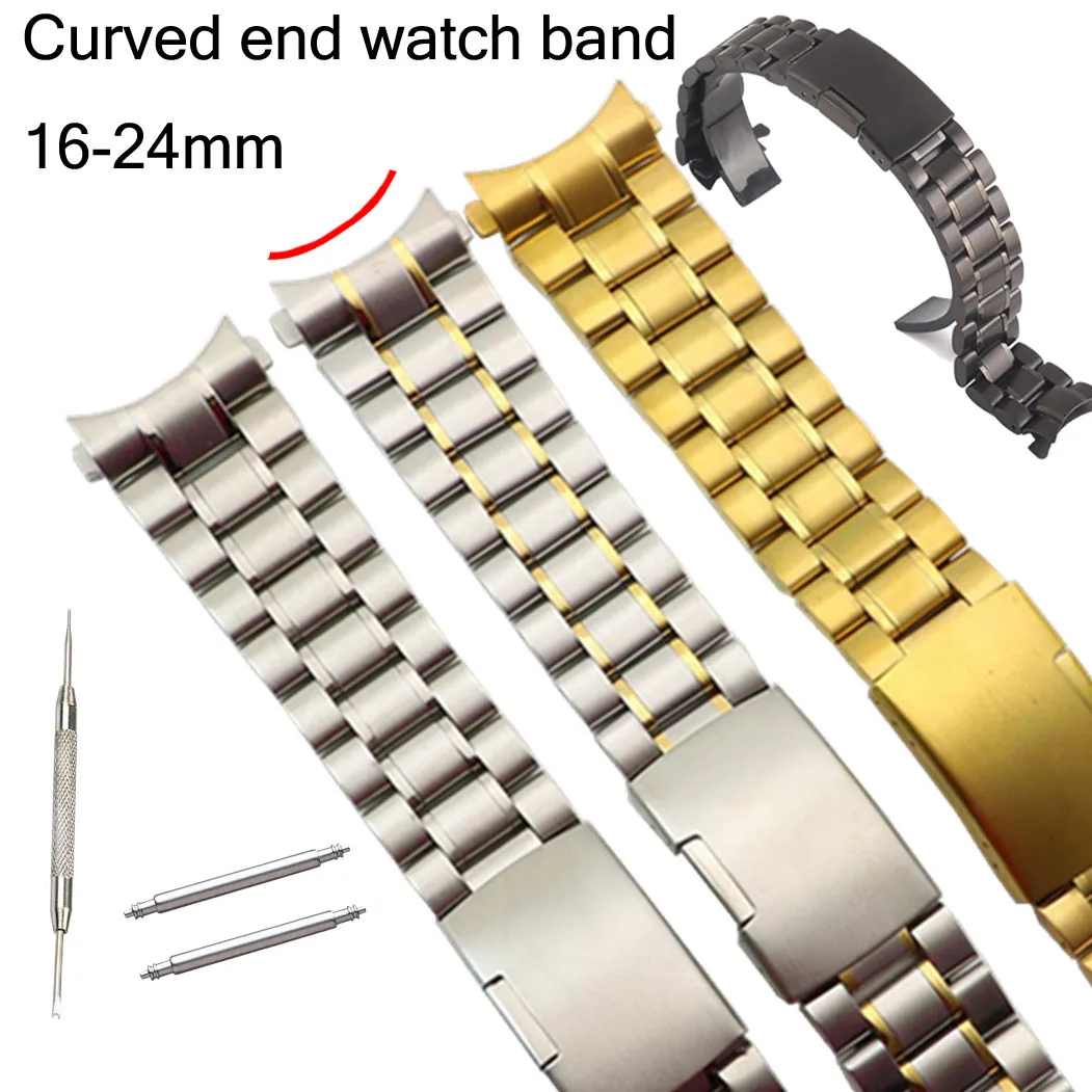 Edelstahl-Armband mit gebogenem Ende, 16 mm, 18 mm, 20 mm, 22 mm, 24 mm, Uhrenarmband, 5 Reihen, Silber, Schwarz, Gold, Metallband Image