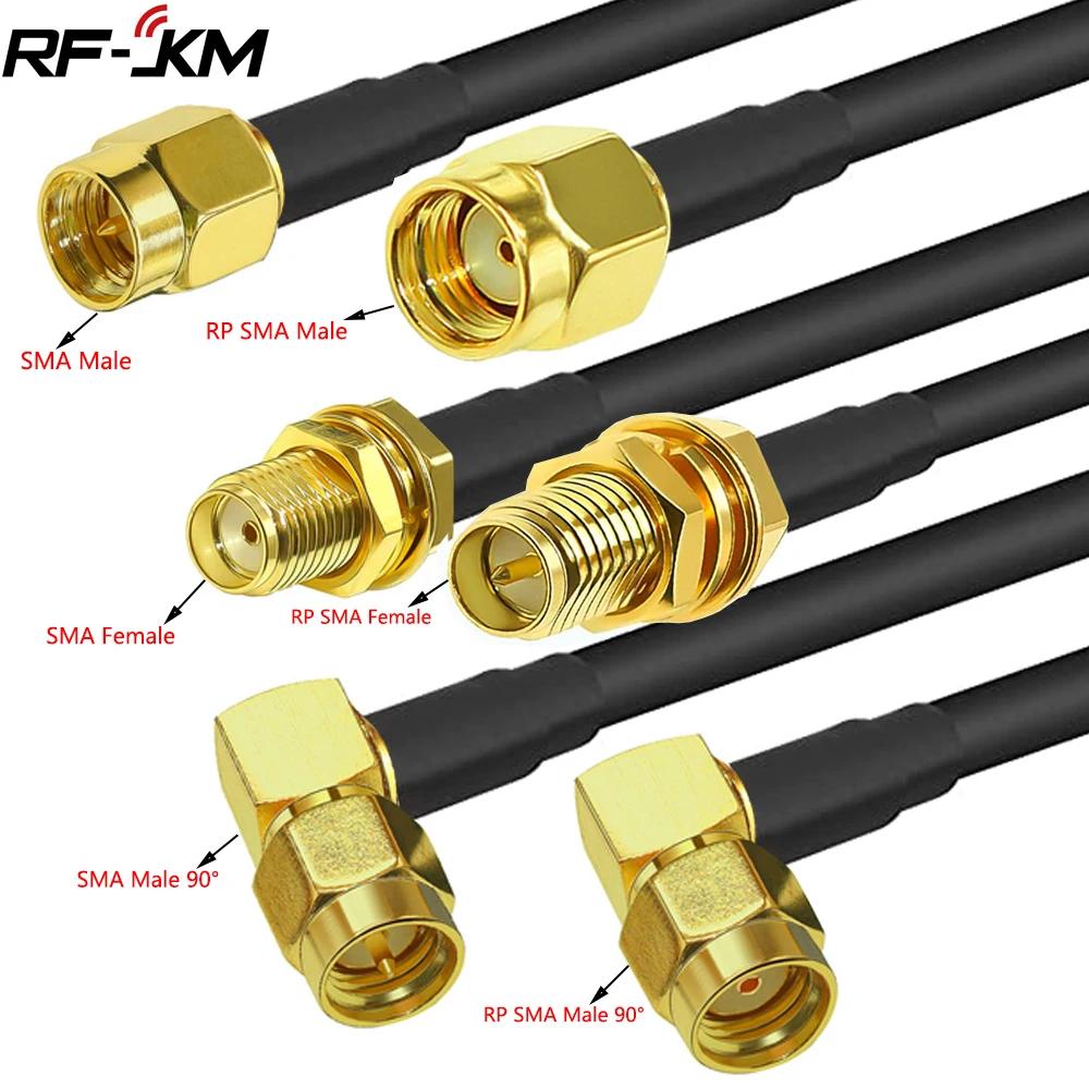 SMA-Stecker auf SMA-Buchse RG58 50 Ohm Kabel Koaxial-Verlängerungsstecker RPSMA-Stecker Jack rechtwinklig Crimp Messing RF Image