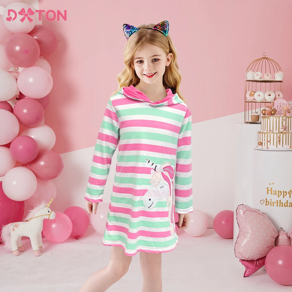 DXTON Kinder Einhorn Kleider Mädchen Kleid für Herbst Frühling Kinder Baumwolle 100% Kapuzenkleidung Mädchen Gestreiftes Kleid Kinderkleidung Image