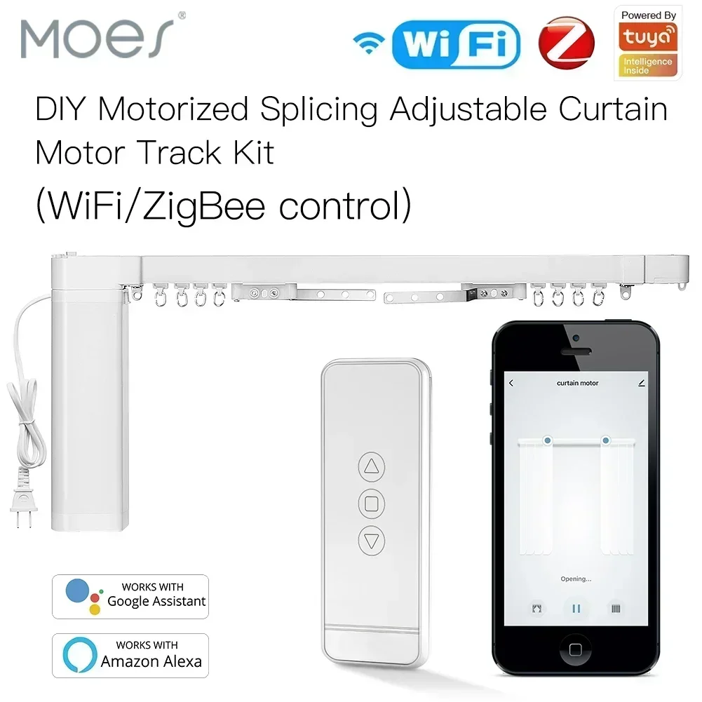 MOES WiFi/ZigBee Elektrischer Vorhangmotor Tuya Smart Maßgeschneiderte motorisierte Spleißvorhangschiene mit RF-Fernbedienung Alexa Google Voice Image