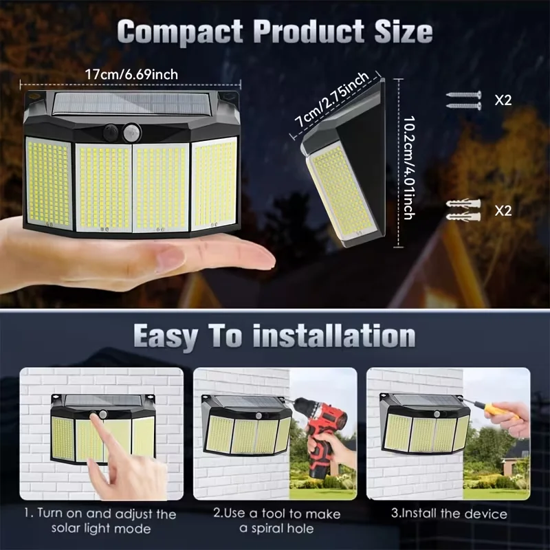 576 LED-Solarleuchten für den Außenbereich, Bewegungsmelder, 3 Modi, wasserdichte Sicherheitsflutlichter für Außenbereich, Weg, Garten, Garage, Lampe