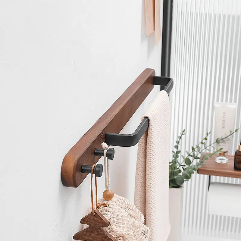 Rustikaler Badezimmer-Handtuchhalter aus gebranntem Holz mit Metallstange, an der Wand montierter Badetuchhalter, Badezimmerhaken, Reihenhaken, 40–50 cm Image