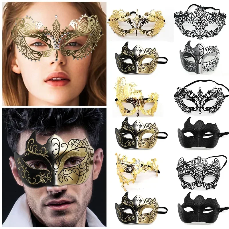 Ein Paar wunderschöne venezianische Maskerade-Masken für Paare, Party-Kostüme, Zubehör, schwarz, silberfarben, goldfarben, filigrane Party-Maske aus Metall Image