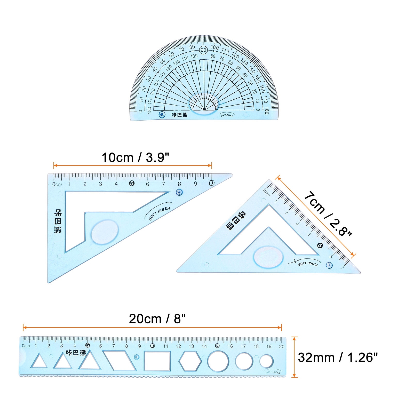 Math Ruler Set Soft Straight Ruler Protractor Triangle Geometry Kits - Blue