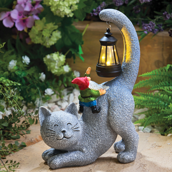 Dekofigur Solar Katze mit Zwerg Image