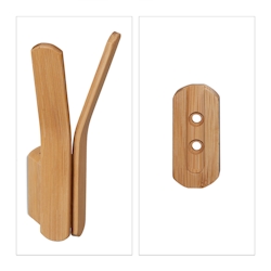 Relaxdays Wandhaken Bambus, zum Schrauben, Garderobenhaken doppelt, Kleiderhaken Garderobe, HBT: 15 x 6,5 x 6 cm, natur Image
