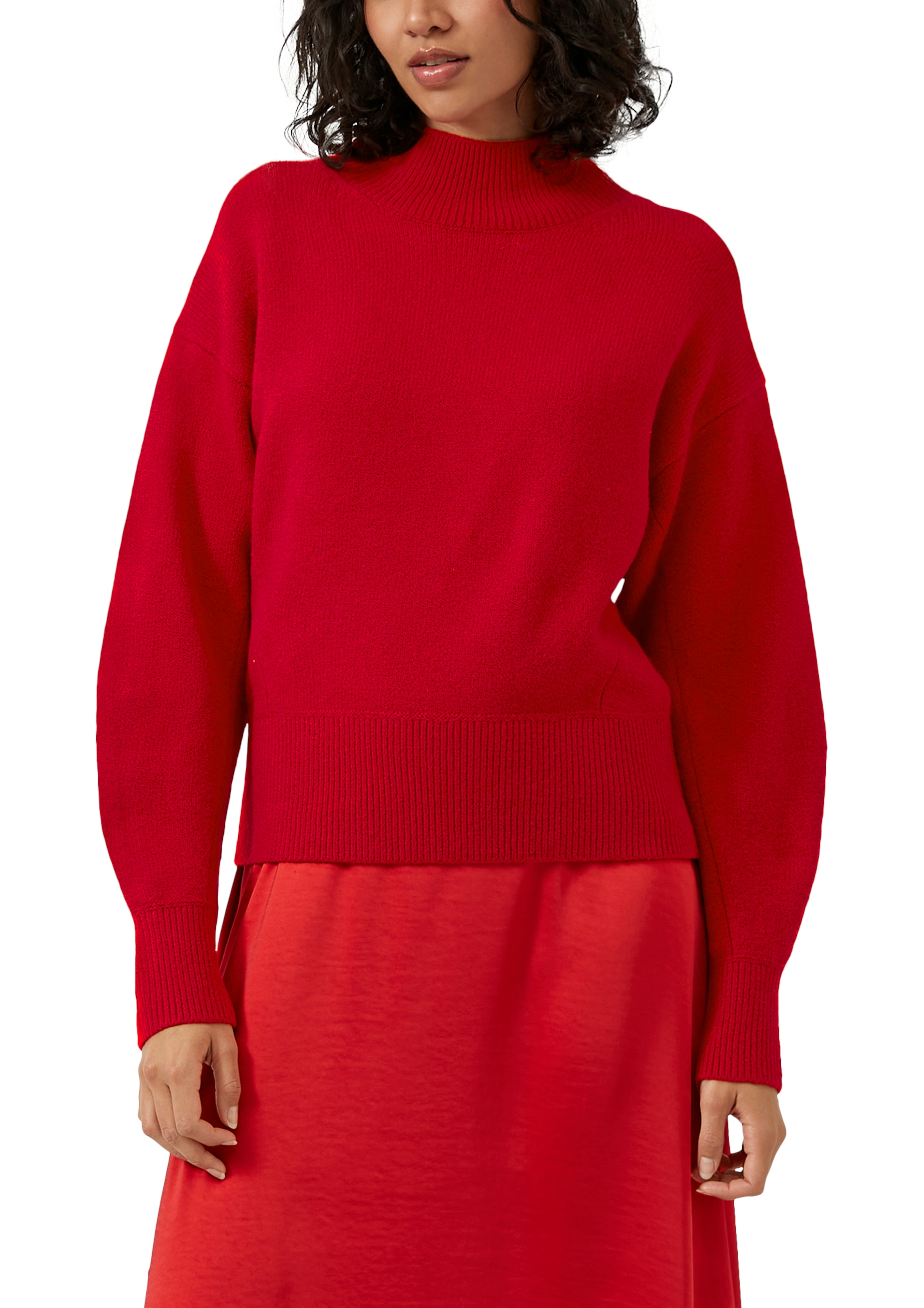 Strickpullover S.OLIVER, Damen, Gr. 42, salsa rot, Strick, Obermaterial: 50% Baumwolle, 25% Polyamid, 14% Polyacryl, 8% Wolle, 3% Elasthan, unifarben, regular fit normal, ohne Ausschnitt, Rippbündchen, Pullover Strickpullover, mit Rippbündchen