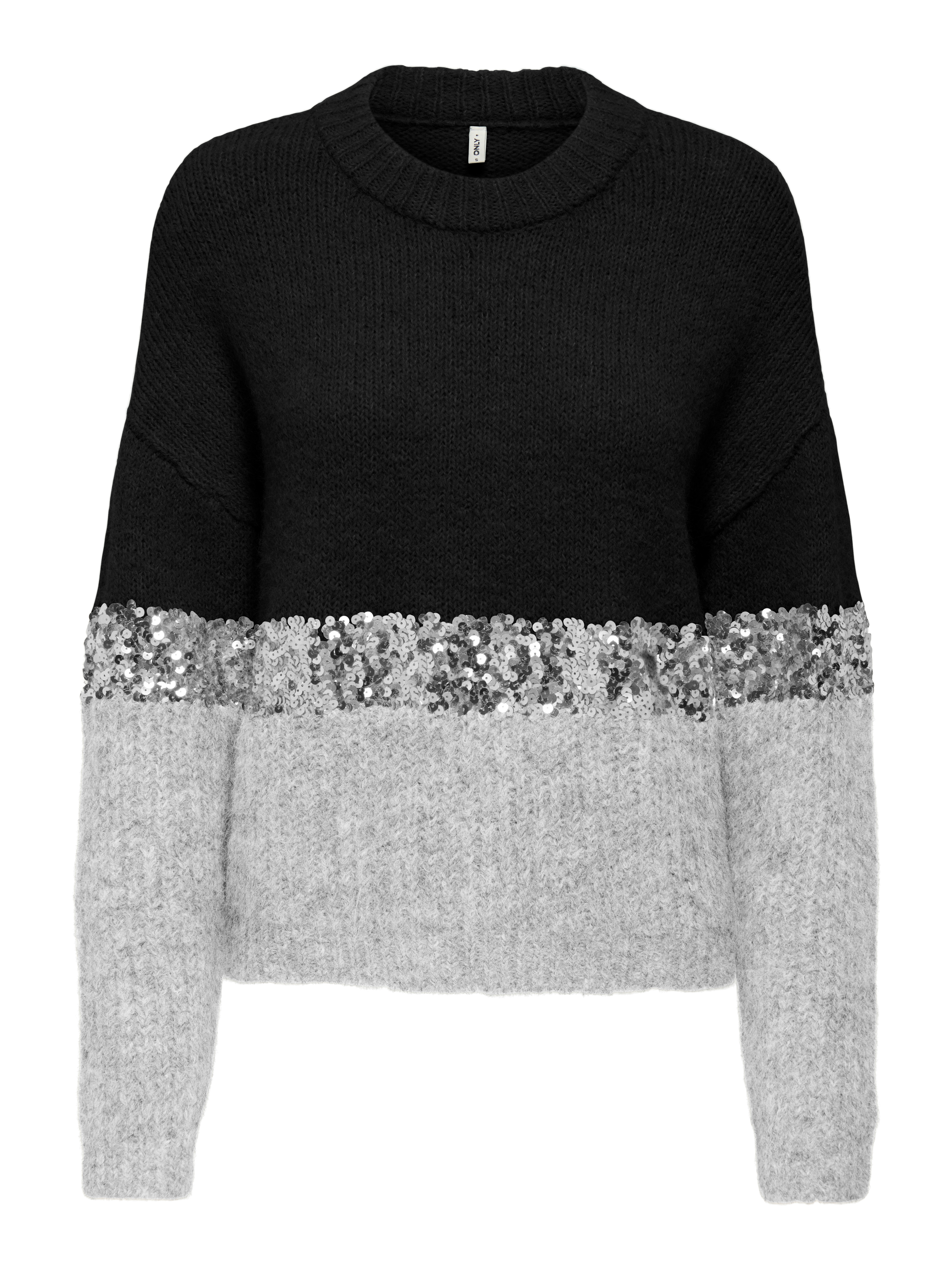 Rundhalspullover ONLY "ONLMAINE LIFE LS SEQUIN BLOCK O-NECK KNT", Damen, Gr. M, schwarz detail:sliver sequins, light grau mel, Strick, Obermaterial: 70% Polyester, 21% Nylon, 8% Wolle, 1% Elasthan, colorblocking, regular fit, Rundhals, Pullover...