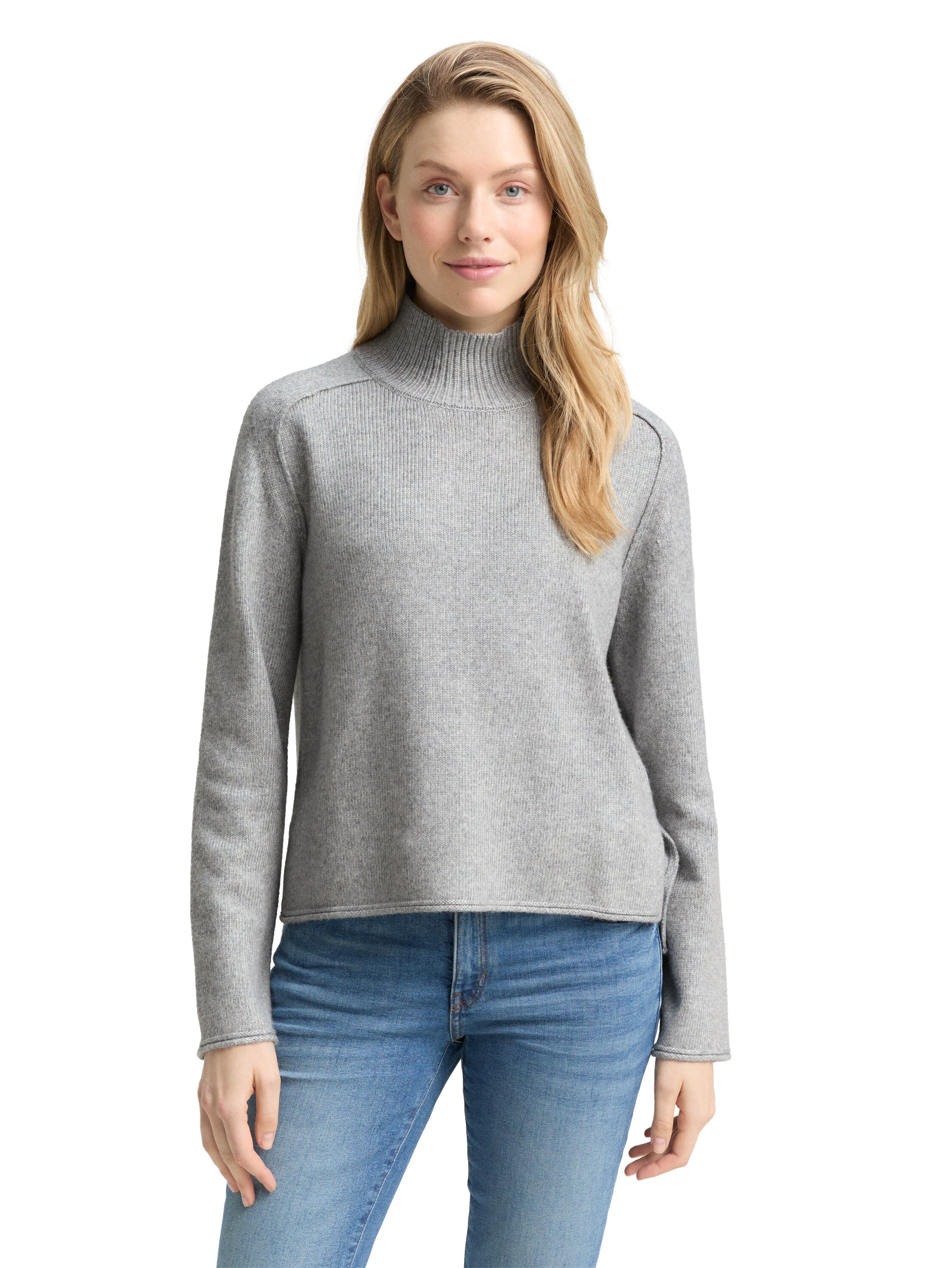 Strickpullover TOM TAILOR, Damen, Gr. S, medium silber grau melange, Strick, Obermaterial: 47% Polyester, 47% Viskose, 6% Polyamid, meliert, loose fit Po-bedeckend, ohne Ausschnitt, Pullover Strickpullover, mit Stehkragen