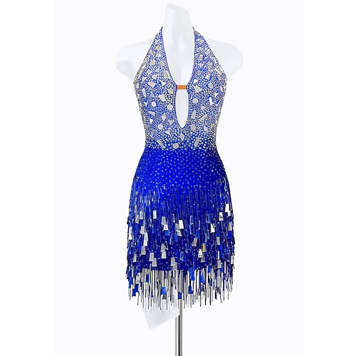 abito da ballo latino da donna con frange in strass blu argento - scollo all'americana effetto sfumato per spettacoli da ballo asimmetrici