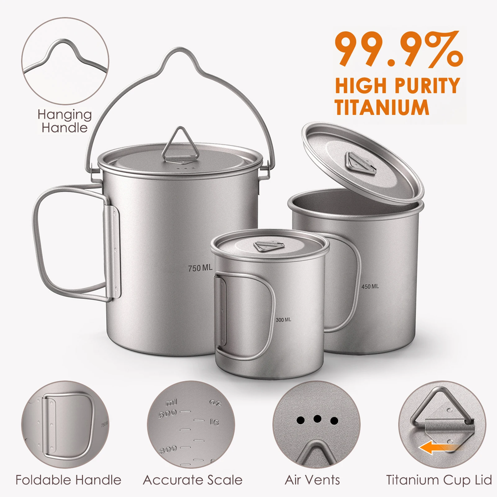 Ultraleichter 750 ml Ti-Topf, faltbarer Griff für Outdoor-Camping, Kochen, Picknick und tragbare Wassermocken, Tasse mit Deckel, Camping-Kochgeschirr Image
