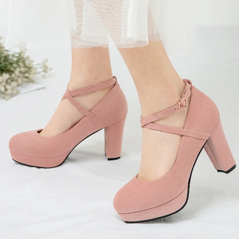 Women's Pink High Heels Mary Jane Shoes Dress Pumps Strap Black Nude Heeled Party Wedding Office Shoes Female Big Size 45 48