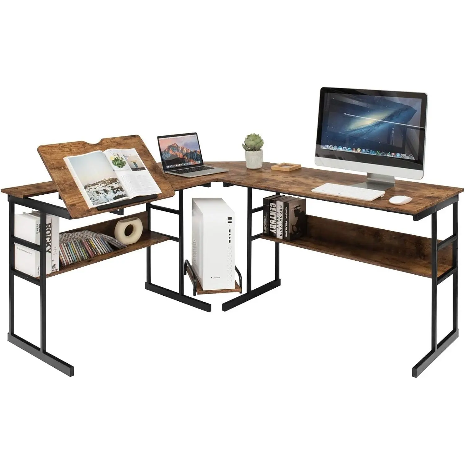 Scrivania a L, scrivania angolare in legno con piano inclinabile, 2 ripiani e supporto per CPU, scrivania per computer, 170 x 150 x 75 cm