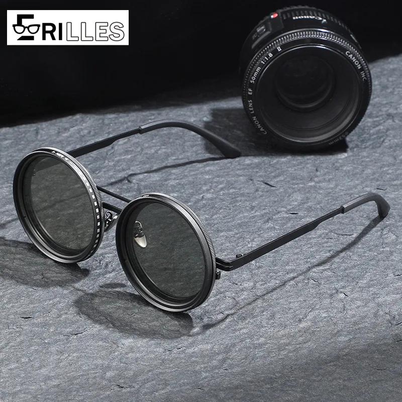 Verstellbare ND Steampunk-Sonnenbrille, 9-Grad-drehbarer Filter, polarisierter runder Rahmen UV400, Retro-Vintage-Brillengeschenk Image