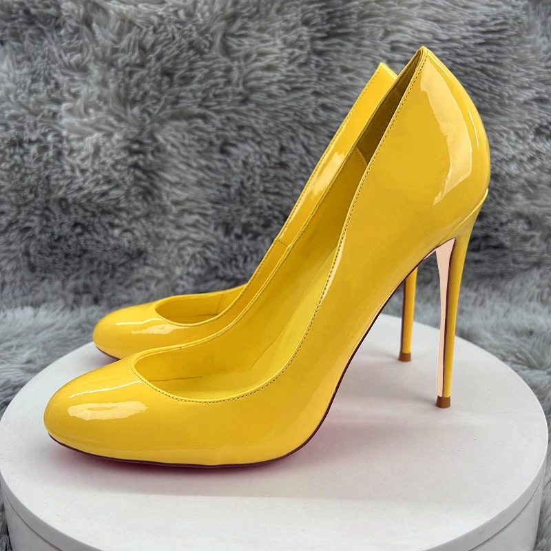 Neue Gelbe Elegante Frauen Glänzende Runde Kappe 12 cm High Heel Formale Kleid Schuhe 10 cm Slip Auf Stiletto Frauen pumpen Anpassbare QP253