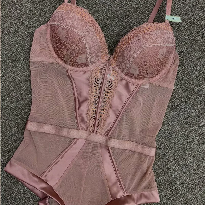 Sexy dessous einteiliges spitze sehen-durch bhs set versuchung zu sammeln große-größe körper-sculpting body push-up unterwäsche