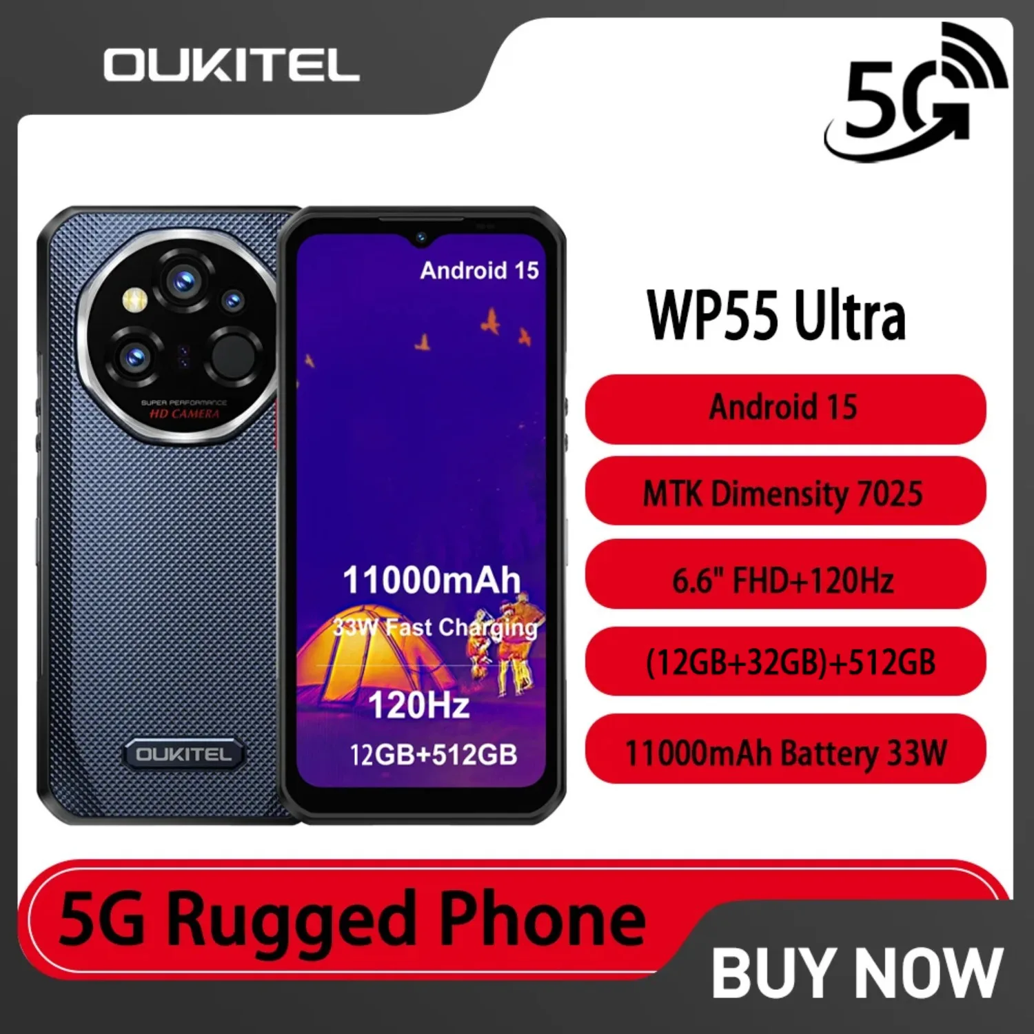 OUKITEL WP55 Ultra 5G Robustes Smartphone Android 15 Wärmebilddimensität 7025 44 GB + 512 GB 11000 mAh 108 MP 6,6 Zoll NFC-Mobiltelefon Image
