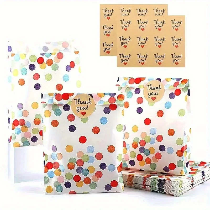 24 Stück gepunktete Geschenktüten aus Kraftpapier mit 24 Dankesaufklebern – hochwertige PP-beschichtete Partygeschenktüten für Geburtstage, Image