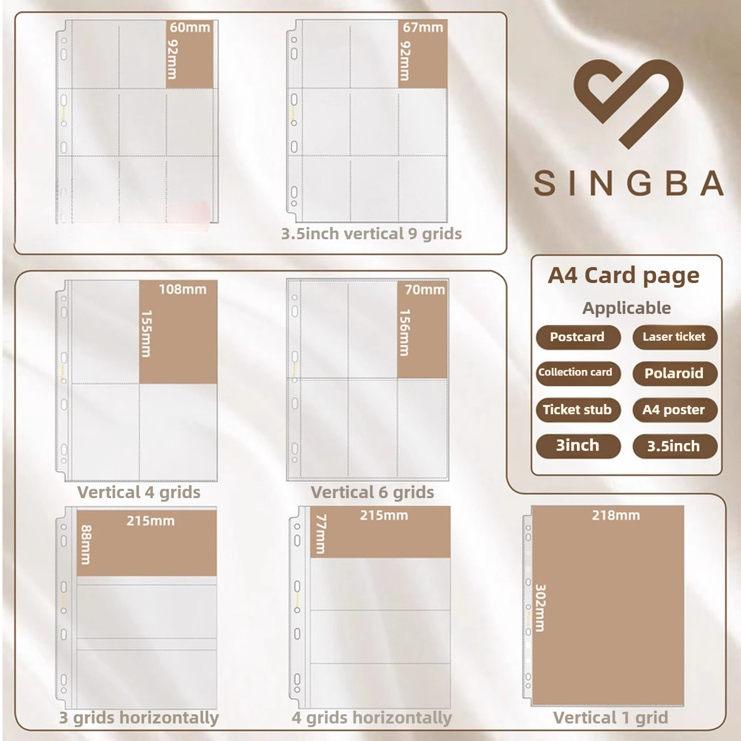 SINGBA 10 Stück A4 Multi-Pocket-Seiten für Binder, lose Blätter, Seite für Sammelkarten, Fotos, Instax Polaroid, Papier-Sammlerstücke Image