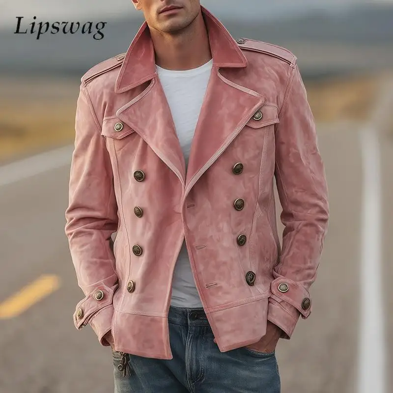 Herbst Winter Trendy Herren Rosa Jacken Vintage drehen-unten Kragen Zweireiher Mäntel Männer Streetwear Fashion Einfarbig Jacke